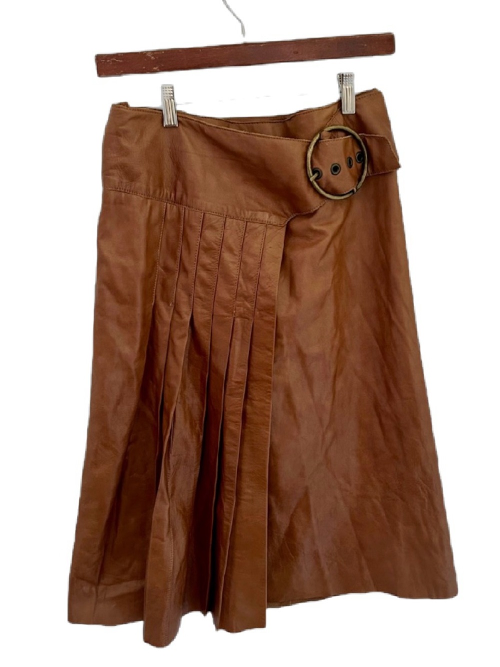 Mackage Leather Wrap Skirt Cognac Pleated Ring Buckle XS S